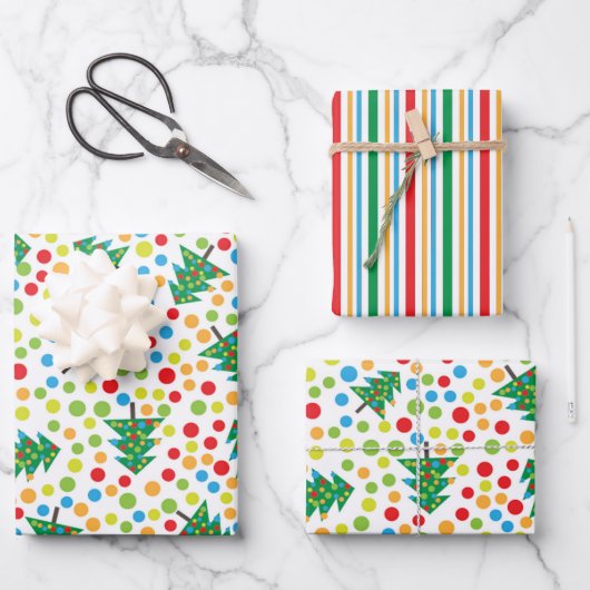 Happy Christmas Trees, Polka Dots en Stripes Inpakpapier Vel (Voorkant)