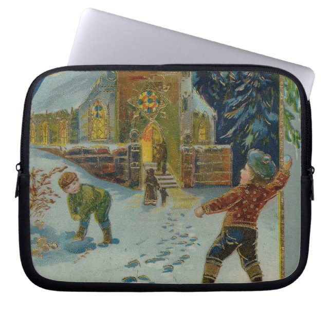 Happy Christmas - Vintage snowball fight postcard Laptop Sleeve (Voorkant)