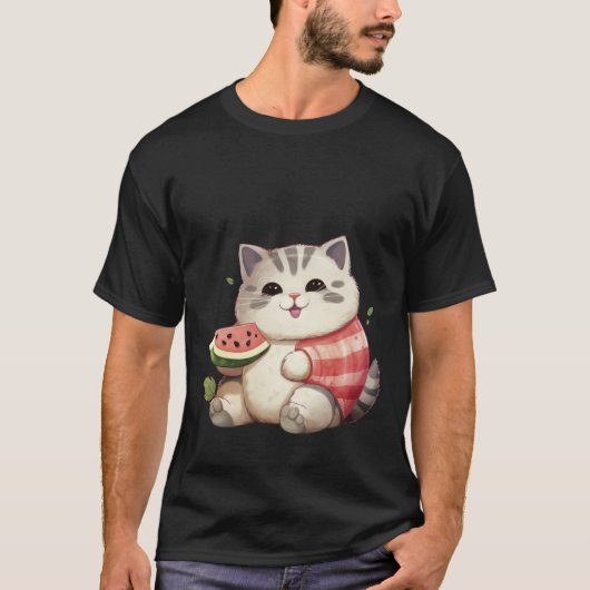 Happy Chubby Cat with Watermelon Summer Art ✨🐾🍉 T-shirt (Voorkant)