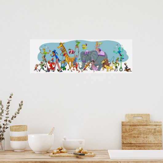 Happy Circus die in de stad komt Poster (Keuken)