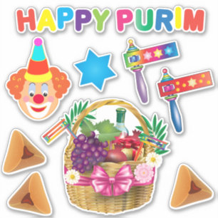 Happy Clowns Purim Festival Party Carnaval Symbols Sticker
