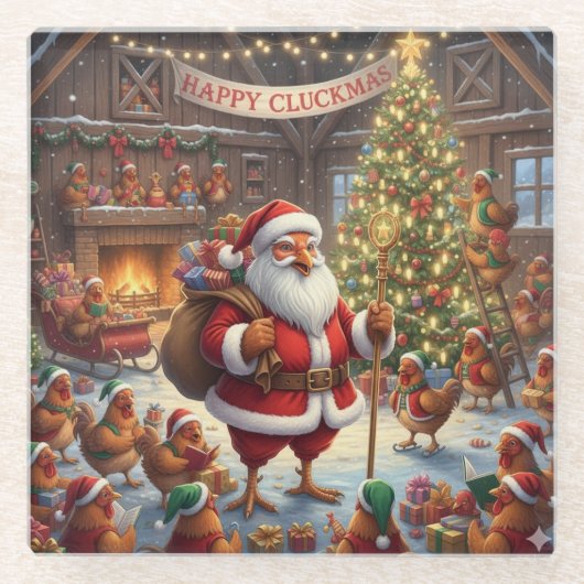 Happy Cluckmas, Glass Coaster Glazen Onderzetter (Voorkant)
