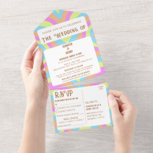 Happy Colorful Bold Retro Stylish Wedding All In One Uitnodiging