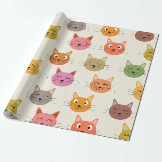 Happy Colorful kawaii Cartoon Kattenpatroon Cadeaupapier (Uitgerold)
