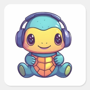 Happy Colorful Kawaii Turtle die hoofdtelefoon dra Vierkante Sticker