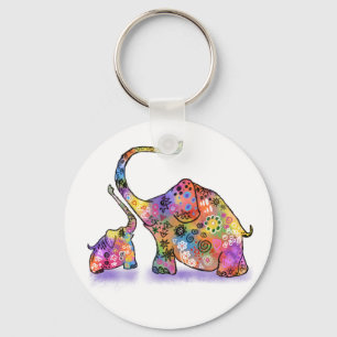 Happy Colorful Moeder en Baby Elephant - Tekening Sleutelhanger