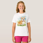 Happy Corgi Puppy Pet Flowers T-shirt (Voorkant volledig)
