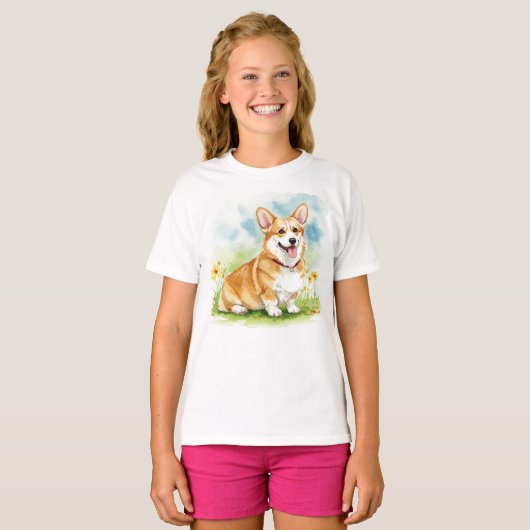 Happy Corgi Puppy Pet Flowers T-shirt (Voorkant volledig)