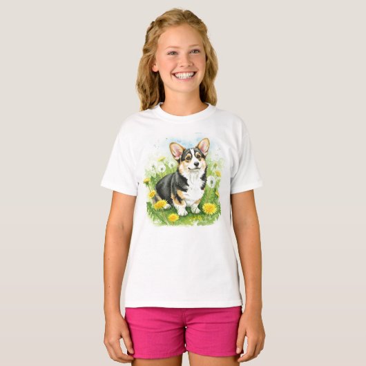 Happy Corgi Puppy Pet Flowers T-shirt (Voorkant volledig)