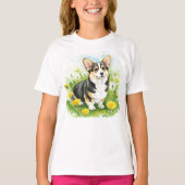 Happy Corgi Puppy Pet Flowers T-shirt (Voorkant)