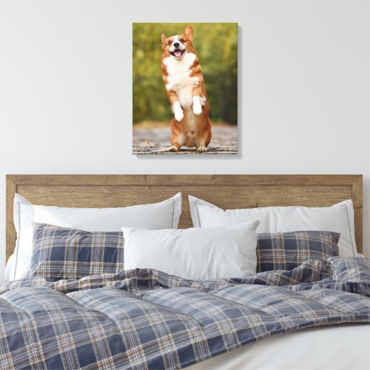 Happy Corgi Puppy Standing Photo Canvas Afdruk (Insitu (Slaapkamer))