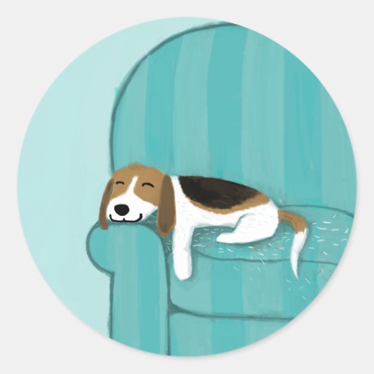 Happy Couch Dog | Schattigee slaapbeagle | Liefheb Ronde Sticker (Voorkant)