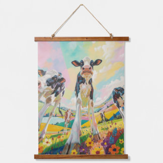 Happy Cow Wood Topped Wall Tapestry Hangend Wandkleed