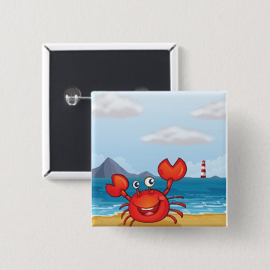 Happy Crab on Beach with Lighthouse Vierkante Button 5,1 Cm (Voorkant /achterkant)