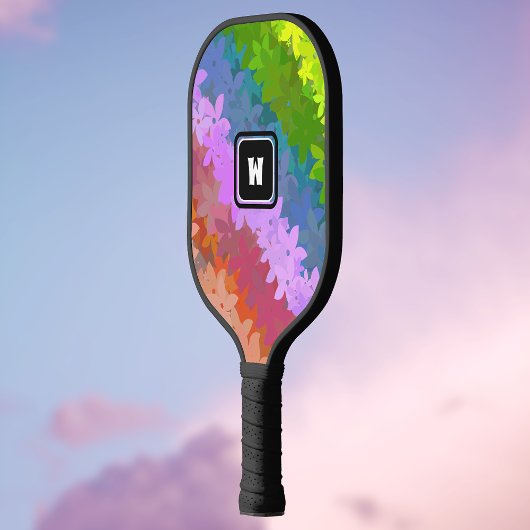 Happy Crazy Retro Regenboogbloemen met Initiaal Pickleball Paddle