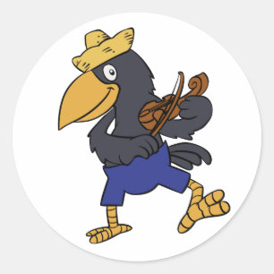 Happy Crow die viool speelt   achtergrondkleur kie Ronde Sticker