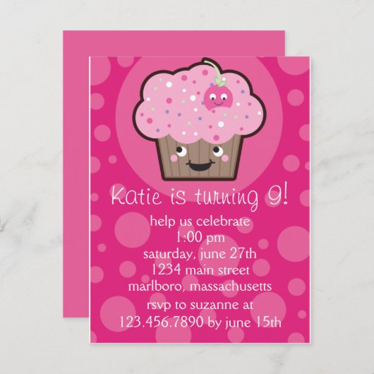 Happy Cupcake Birthday Party Invitation Kaart (Voorkant / Achterkant)