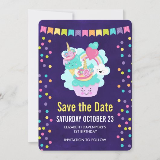 Happy Cupcake en Ice Cream Birthday Party Save The Date (Voorkant)