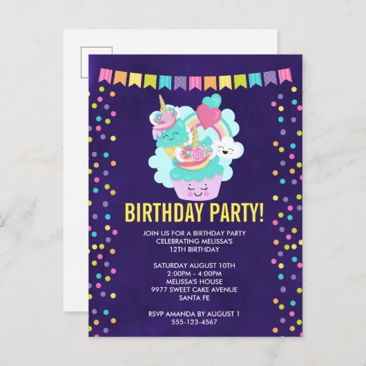 Happy Cupcake en Ice Cream Birthday Party Uitnodiging Briefkaart (Voorkant / Achterkant)
