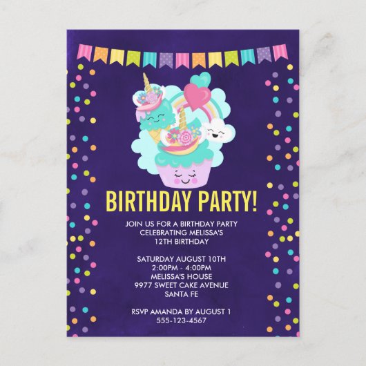 Happy Cupcake en Ice Cream Birthday Party Uitnodiging Briefkaart (Voorkant)
