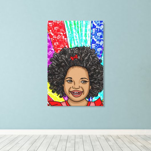 Happy Curls Pop Art Laughing Girl Canvas Afdruk (Insitu (Houten vloer))
