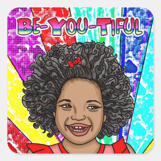 Happy Curls | Schattig glimlachmeisje Vierkante Sticker (Voorkant)