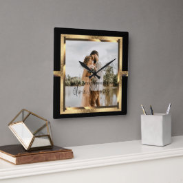 Happy Custom Year Jubileum, zwart en goud Vierkante Klok