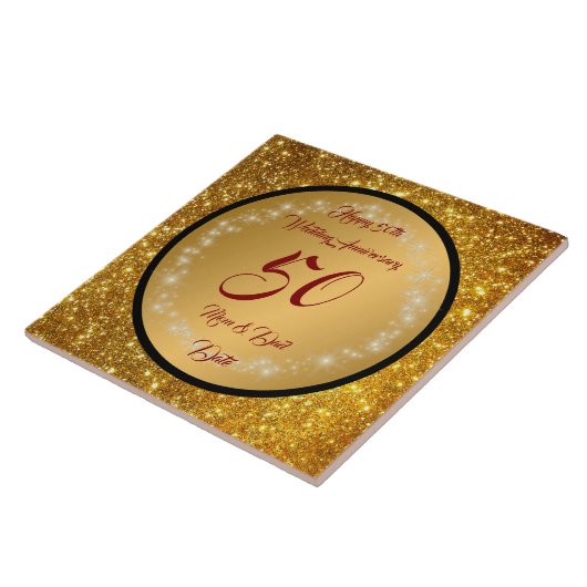 Happy Customize Gold Glitter 50th Anniversary Tegeltje (Zijkant)