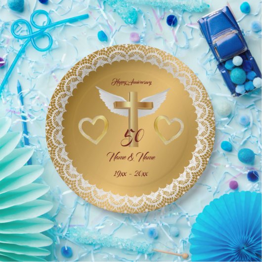 Happy Customize Gold Lace Jubileum Papieren Bordje (Feest)