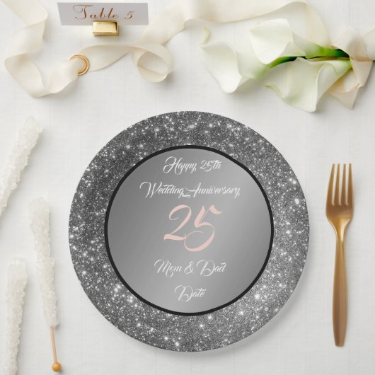 Happy Customize Silver Glitter 25th Jubileum Papieren Bordje (Huwelijk)