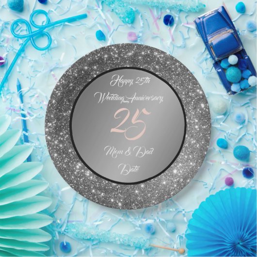 Happy Customize Silver Glitter 25th Jubileum Papieren Bordje (Feest)