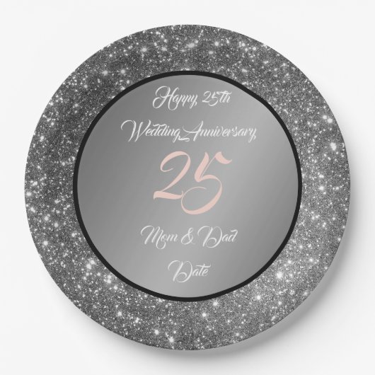 Happy Customize Silver Glitter 25th Jubileum Papieren Bordje (Voorkant)