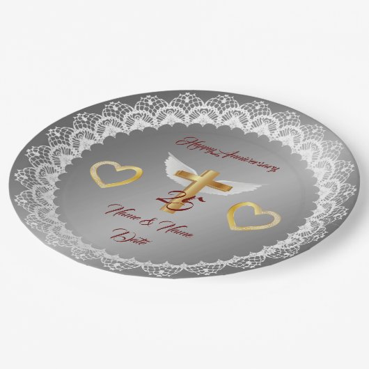 Happy Customize Silver Lace Jubileum Papieren Bordje (Gekanteld)