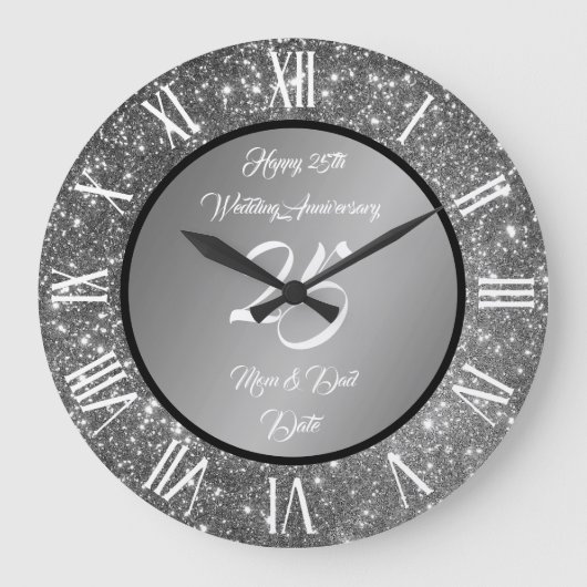 Happy Customize Zilver Glitter 25ste Verjaardag Grote Klok (Voorkant)