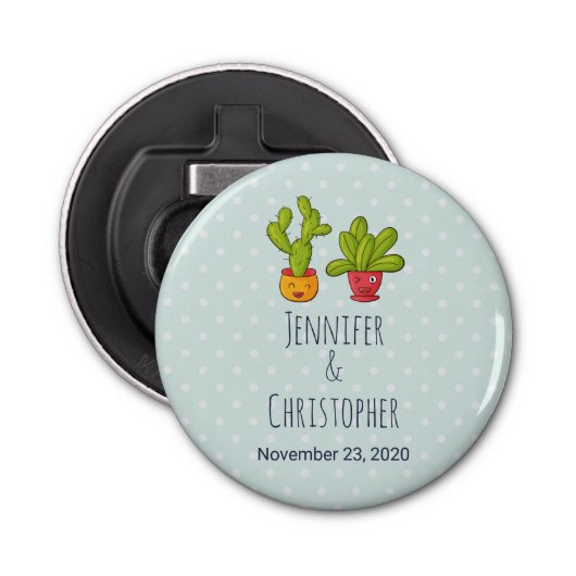 Happy Cute Cactus in Flower Pots Fun Wedding Button Flesopener (Voorkant)