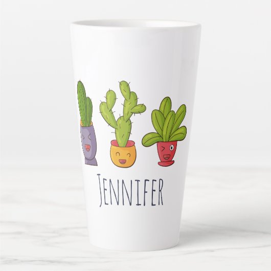 Happy Cute Cactus in Flower Pots-illustratie Latte Mok (Voorkant)