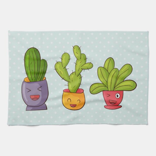 Happy Cute Cactus in Flower Pots-illustratie Theedoek (Horizontaal)