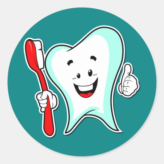 Happy Cute Cartoon Tooth Met Een Tandenborstel Ronde Sticker (Voorkant)