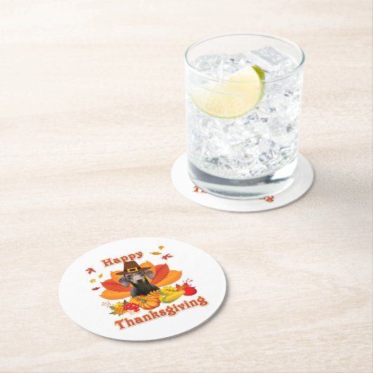 Happy Dachshund Dog Eigenaar Turkije Thanksgiving Ronde Kartonnen Onderzetter (Insitu)