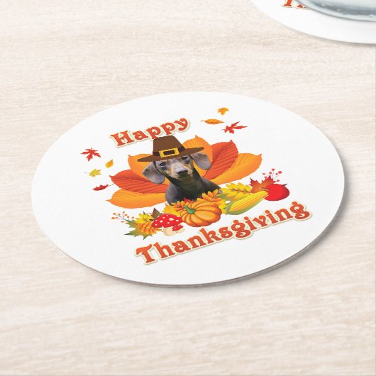 Happy Dachshund Dog Eigenaar Turkije Thanksgiving Ronde Kartonnen Onderzetter (Gebogen)