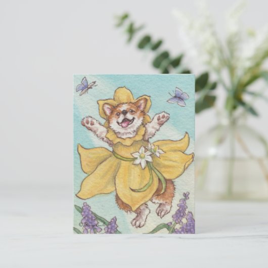 Happy Daffy Dilly Spring Corgi Dog Briefkaart (Staand voorkant)
