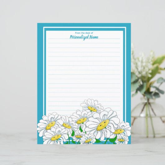 Happy Daisies Blue - Wit gevoerd papier blad (Staand voorkant)