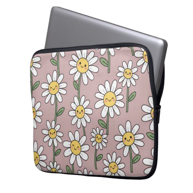 Happy Daisies Pattern - Cute Floral Design Laptop Sleeve (Voorkant Links)