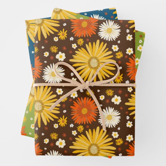 Happy Daisies Retro 70s Kleurrijk Patroon Inpakpapier Vel (In situ)