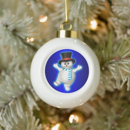 Happy Dancing Snowman op Blue Keramische Bal Ornament (Boom)