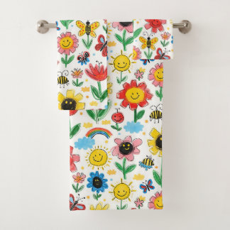 Happy Days - Vrolijke Bloem en Vrienden Patroon Bad Handdoek
