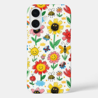 Happy Days - Vrolijke Bloem en Vrienden Patroon iPhone 16 Hoesje