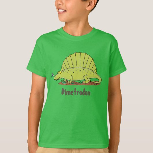 Happy Dimetrodon groene cartoon dinosaur T-shirt (Voorkant)