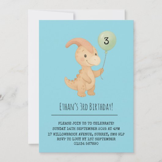 Happy Dino with Curved Crest and Balloon Birthday  Kaart (Voorkant)