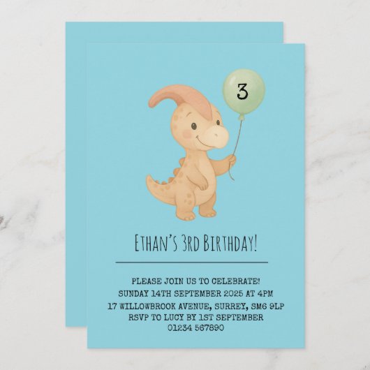 Happy Dino with Curved Crest and Balloon Birthday Kaart (Voorkant / Achterkant)